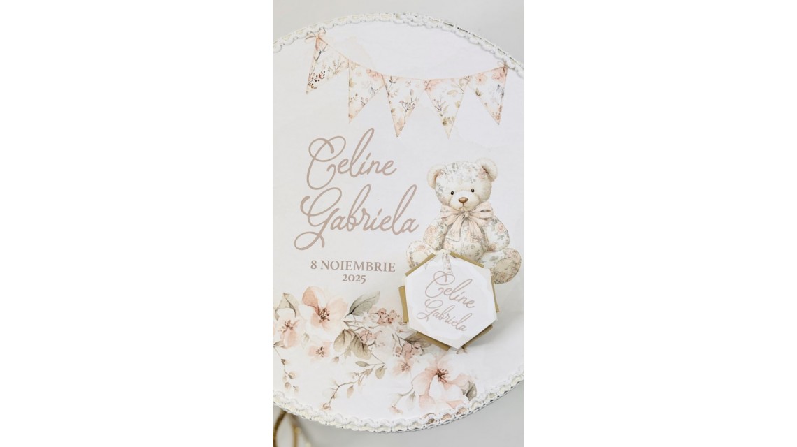 Trusou botez Nude Teddy Bear Toile de Jouy bej crem cu accente light pink și pattern floral vintage 1